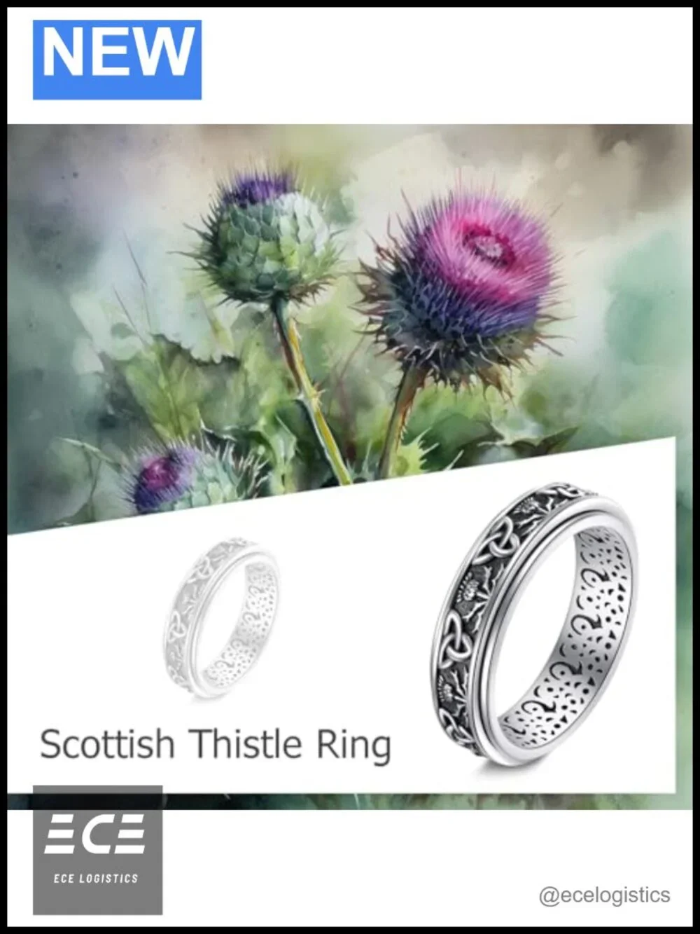 S925 Sterling Silver Scottish Thistle Spinner Ring Size 11 Celtic Fidget